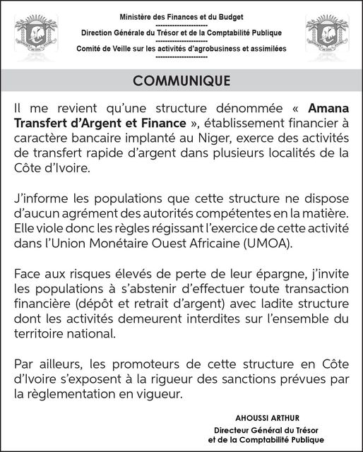 Côte d’Ivoire : Communiqué du Trésor public relatif à la structure dénommée « Amana Transfert d'Argent et Finance » 

#cotedivoire #CIV225 #Abidjan #Ivoirien #Afrique