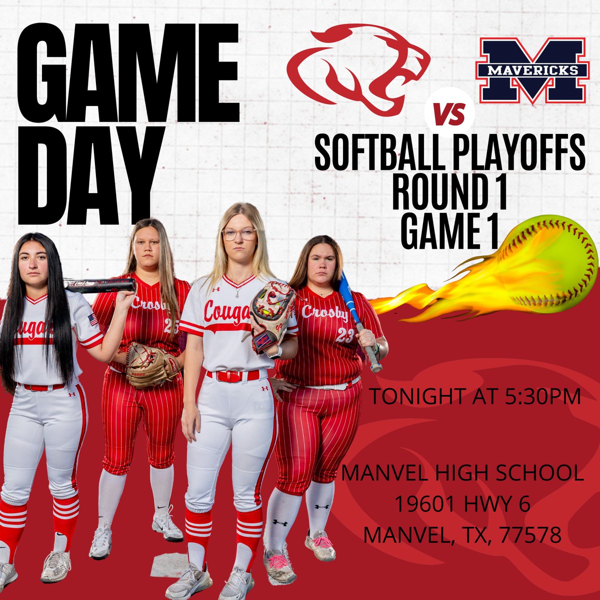 PLAYOFF GAME DAY!
Round 1. Game 1. 

🥎 Crosby vs. Manvel
🕠 5:30pm
🏟️ Manvel High School
🎟️ gofan.co/event/1507543?…
💲 Cashless, $5 online

Let's Go Coogs! <a href="/Crosby_Softball/">Crosby Softball</a> <a href="/CrosbyHigh/">Crosby High School</a> 

#MovingForward