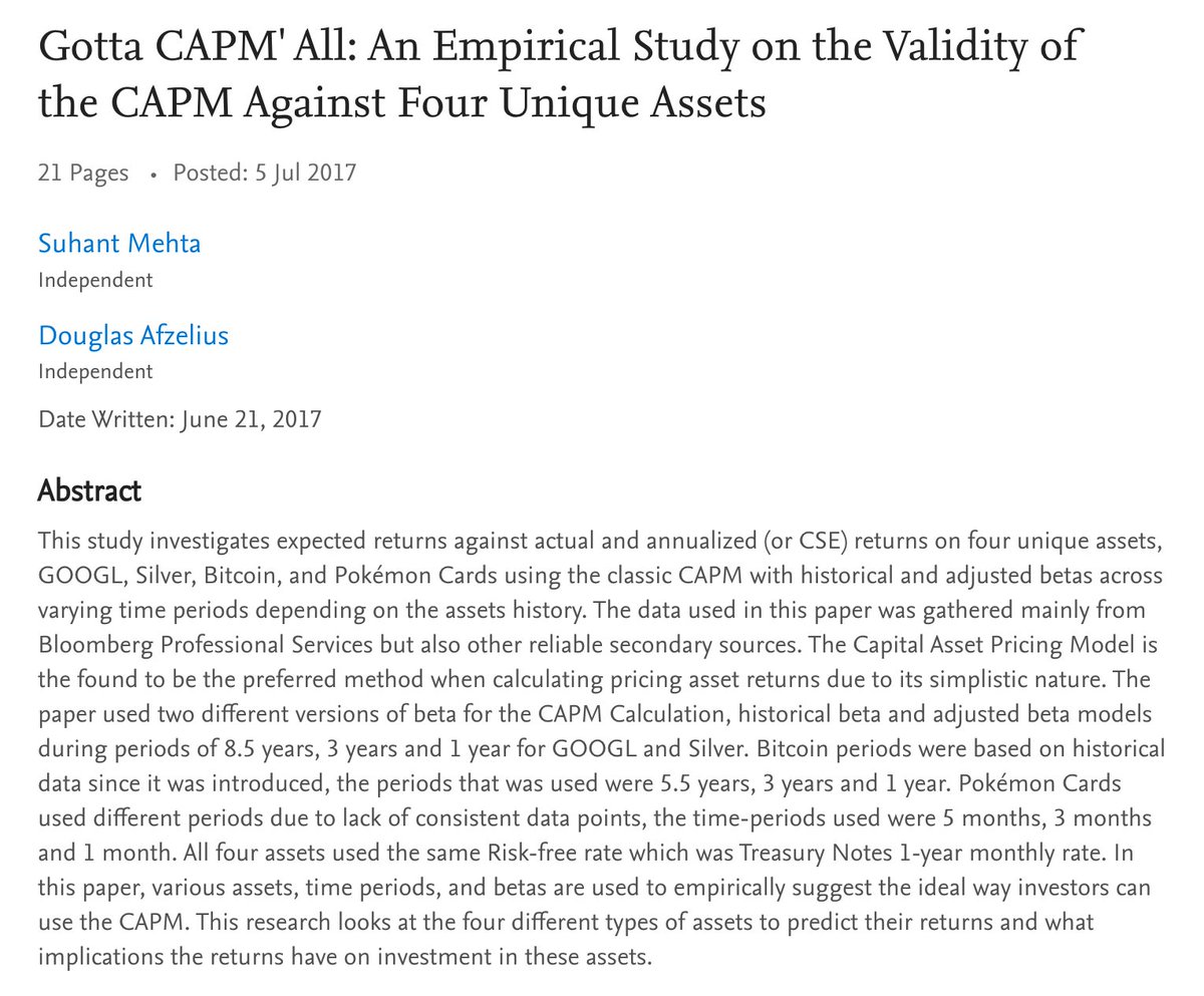 biri bakmış. 'This study found that the single factor CAPM might not be an effective method to price or predict the return on assets with characteristics like Bitcoin and Pokémon Cards as seen with the significant forecasting error...' ➡️papers.ssrn.com/sol3/papers.cf…