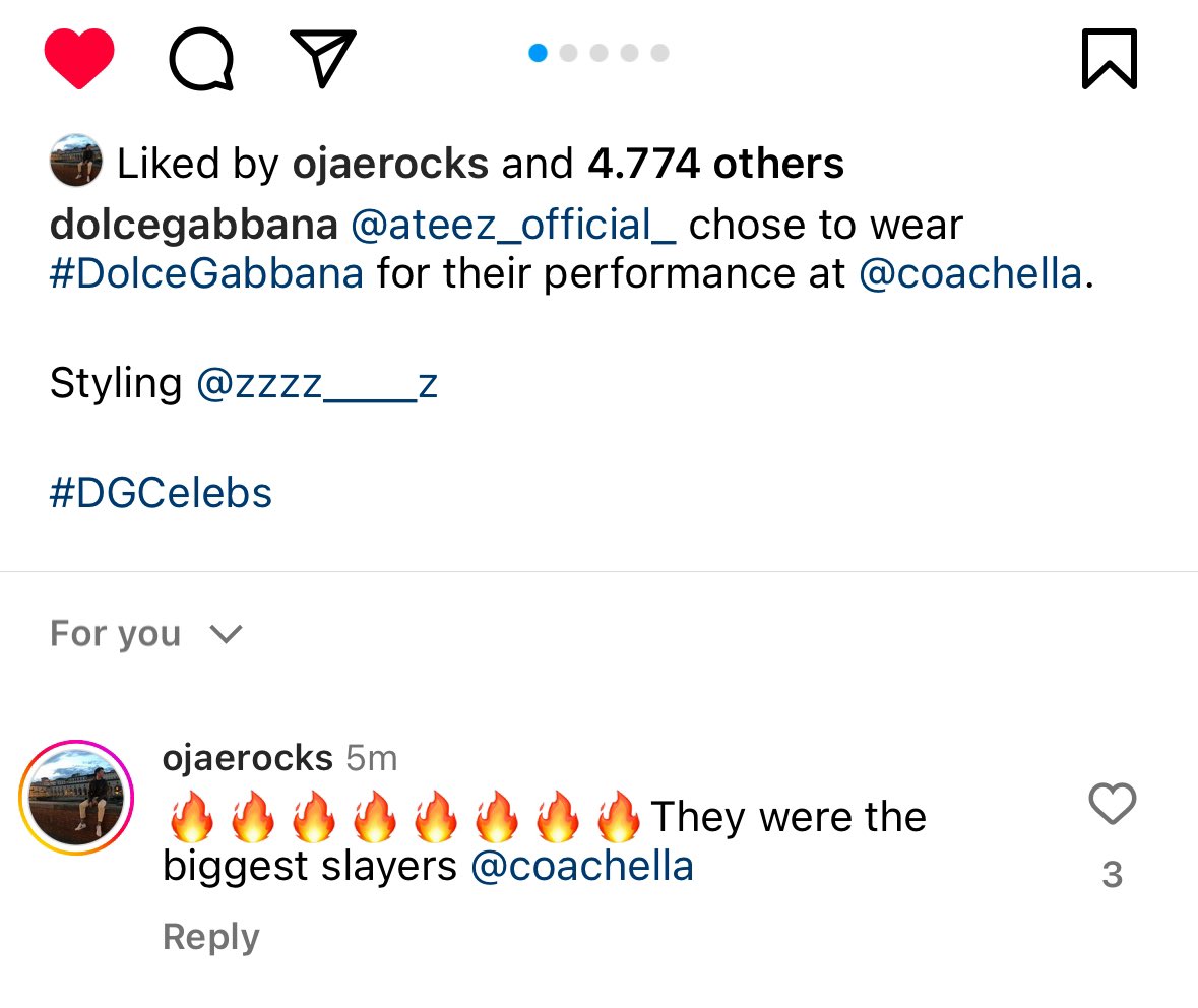 Jae O (@.ojaerocks on IG), Dolce & Gabbana VIP and Celebrities Korea commented on #DolceGabbana’s post about #ATEEZ wearing D&G at #Coachella