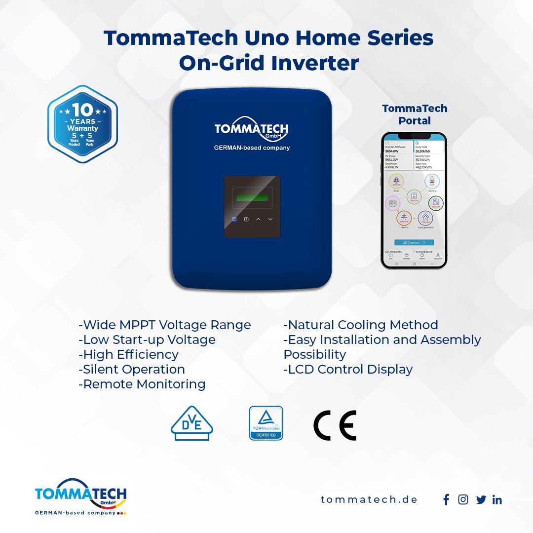 TommaTech Uno Home Series On-Grid Inverter

-Wide MPPT Voltage-Wide MPPT Voltage#energy Range
-Low Start-up Voltage
-High Efficiency
-Silent Operation
-Remote Monitoring
-Natural Cooling Method
-Easy Installation and Assembly Possibility
-LCD Control Display
#TommaTech
#inverter