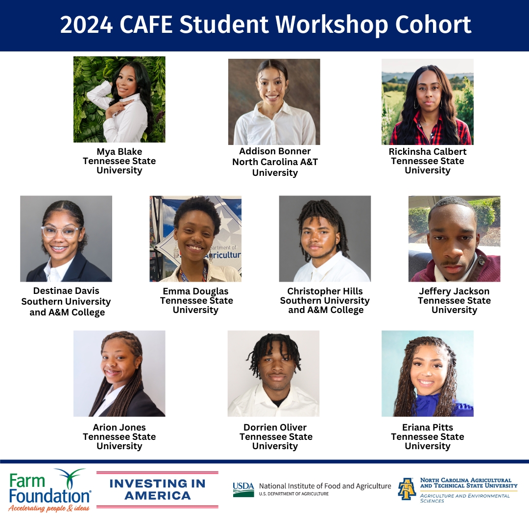 We are thrilled to announce that these ten undergraduate students will be joining us at North Carolina A&T University on May 20-21 for the Farm Foundation CAFE Student Workshop! Learn about the CAFE Student Workshop here: farmfoundation.org/cafe-student-w… #farmfoundation #agriculture