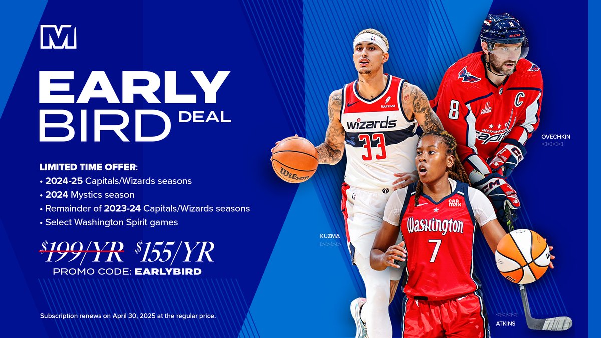 🚨 There's a few days left for our Early Bird offer 🚨 ▪️ 2024-25 @WashWizards AND @Capitals season ▪️ 2024 @WashMystics season Become an annual subscriber at a discounted rate before April 30th 🔗: monsports.net/earlybird