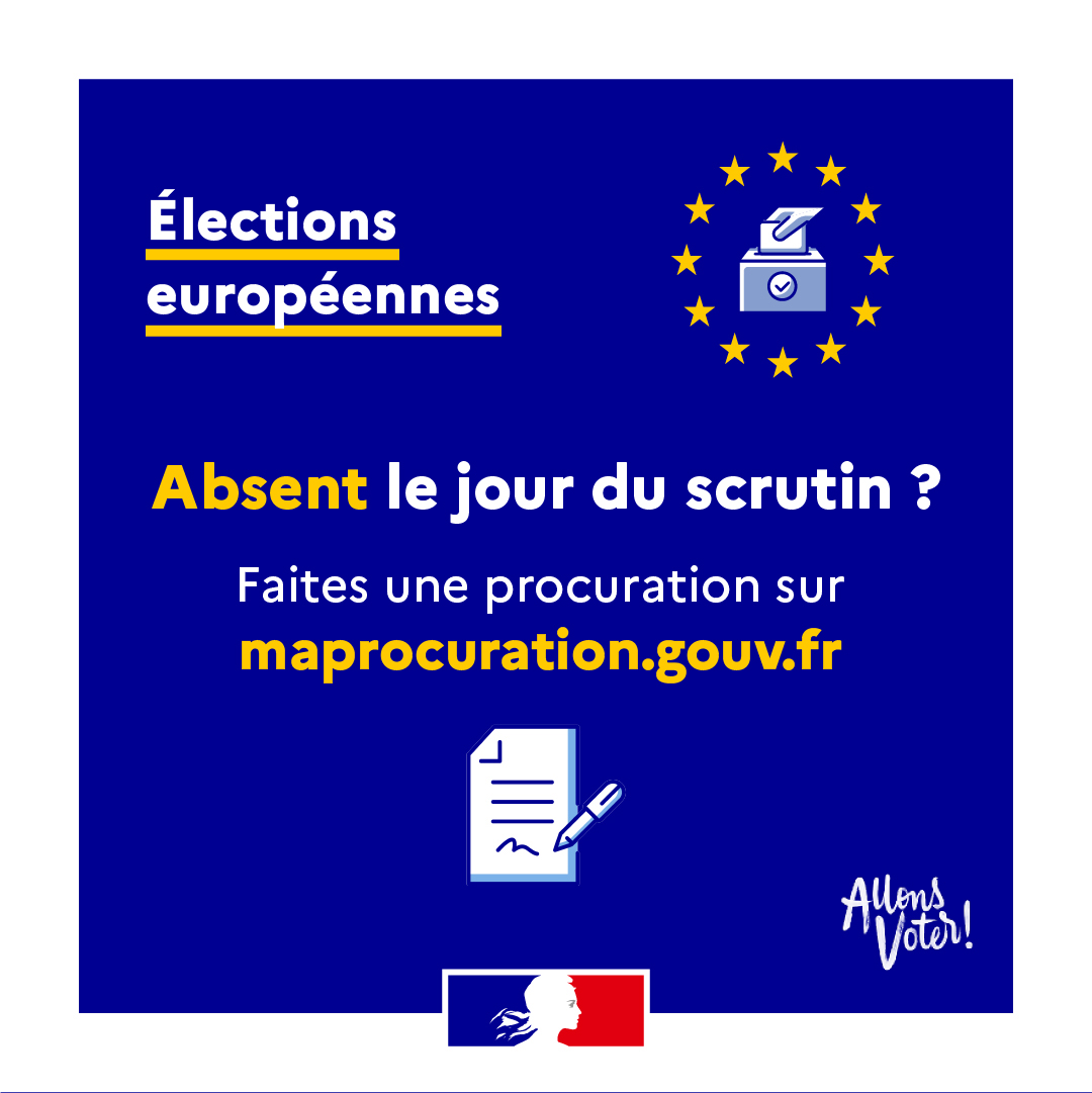 #MardiConseil | Vous ne pouvez pas vous déplacer le jour du scrutin le 9 juin pour les #Europeennes2024 ? 🇪🇺 💡Pas d'inquiétudes, vous avez la possibilité de voter par procuration ! Démarches en ligne sur : maprocuration.gouv.fr