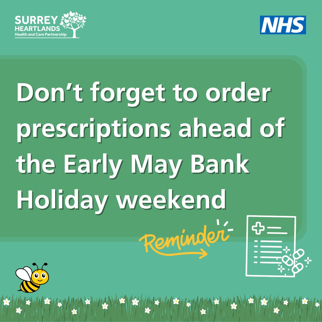 Make sure you are not caught out by the upcoming #BankHolidays in May - order your repeat prescriptions in good time. Did you know you can order repeat prescriptions via the NHS app? Find out more and download today at nhs.uk/nhsapp 📲