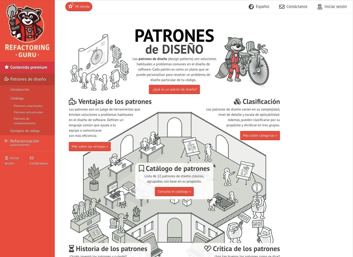 La mejor web que conozco para aprender PATRONES DE DISEÑO y REFACTORIZACIÓN en programación.

Solución de problemas comunes en programación y mejora de nuestro código con buenas prácticas.

→ Paso a paso
→ Con diagramas
→ Ejemplos en código
→ Y libros

refactoring․guru