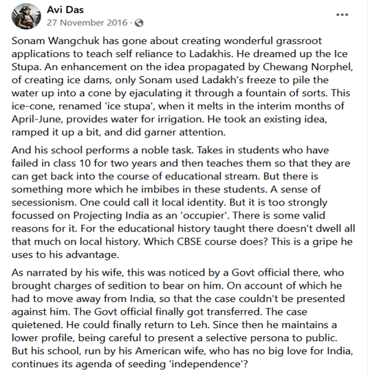 An eye witness writes in 2016: At Sonam Wangchuk’s SECMOL school in Ladakh, India is projected as an occupier; separatism is being taught in this school where students hate Indian army & are keen to join Pakistan army. #SaveLadakh #SonamWangchukExposed #FakeEnvironmentalist