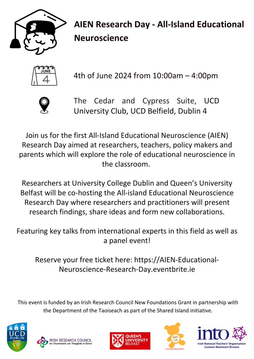 We are excited to welcome researchers and teachers to our inaugural educational neuroscience Research Day on 4th June at UCD! Please share this post😊