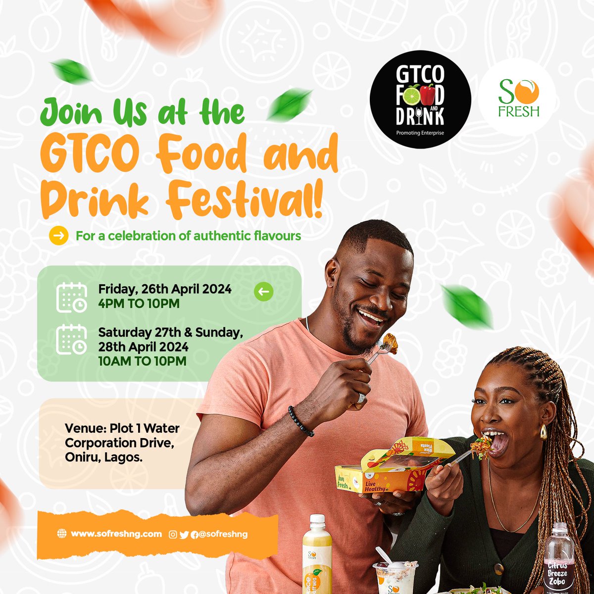 Join Us at the @gtbank GTCO Food and Drink Festival! For a celebration of authentic flavours🎉😊 🍴Date: Friday, 26th April 2024 4pm to 10pm Saturday 27th and Sunday, 28th April 2024 10am to 10pm 📍 Venue: Plot 1 Water Corporation Drive, Oniru, Lagos. #sofreshng #gtbank