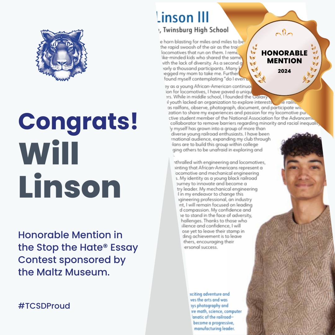 🎉 Congrats to senior Will Linson, who won an Honorable Mention in the Stop the Hate® Essay Contest sponsored by the Maltz Museum! Learn more and read Will's essay here 👉 maltzmuseum.org/stop-the-hate-…. We are #TCSDProud of you, Will!