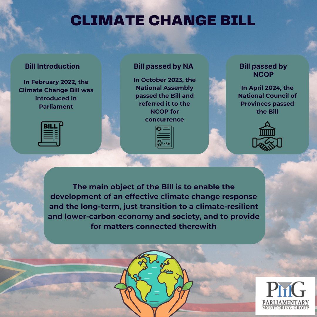 JUST-IN: The NCOP has passed the #ClimateChangeBill All 9 provinces voted in favour. The Bill was approved without amendments and will be sent to the President for signing and assent pmg.org.za/bill/1065/