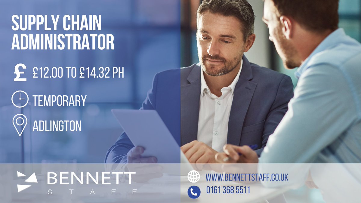 Exciting opportunity for an Experienced Supply Chain Administrator! 
Monitor performance, ensure compliance, and utilise ERP systems, weekly pay!
Apply now - bennettstaff.co.uk/job/supply-cha… 
Contact Rob at 0161 368 5511

#BennettStaff #Adlington #Administrator