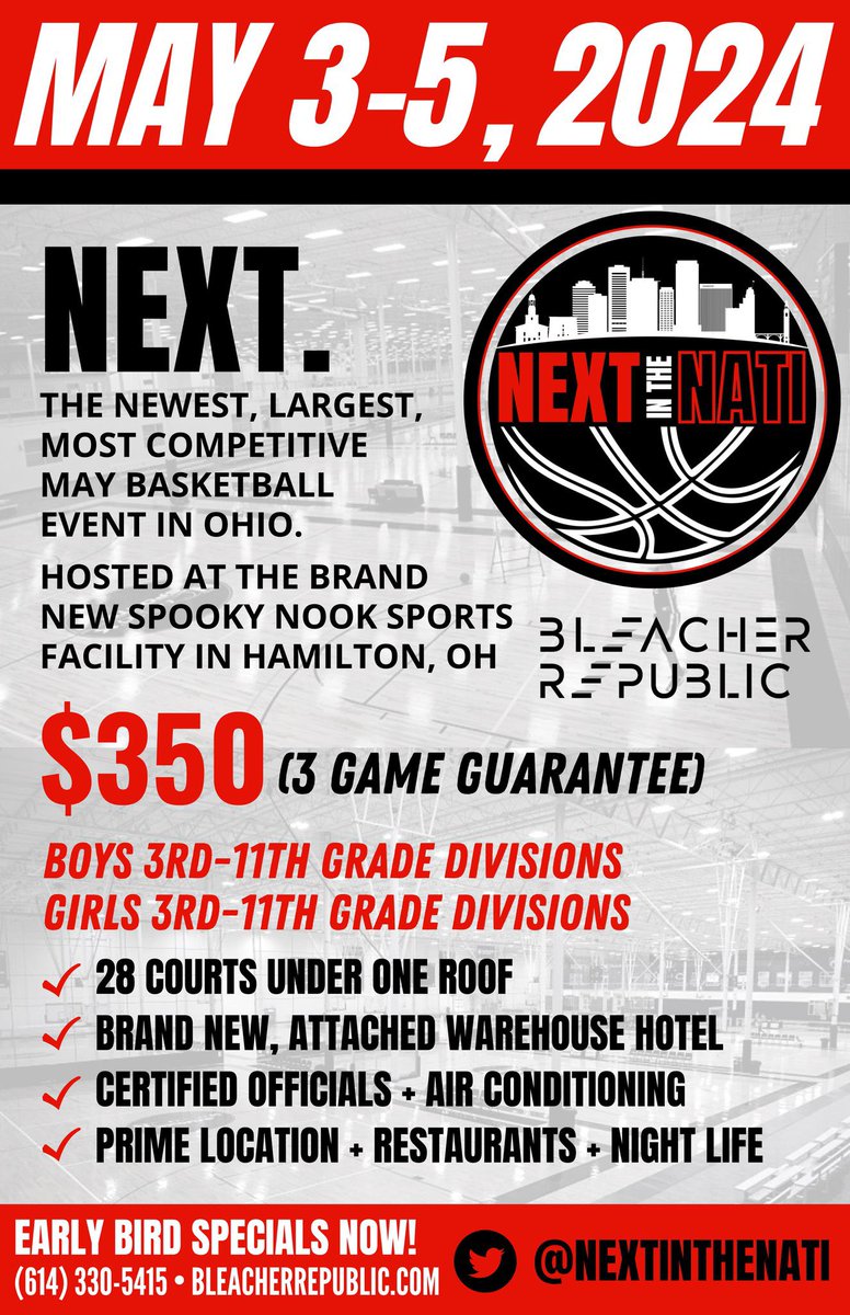 🚨 THE GRAND DADDY of them all is right around the corner! Nearly 300 teams last year all under one roof in Hamilton, OH! 📆 May 4-5, 2024 🏀 Next in the Nati 📍 Hamilton, OH ✏️ REGISTER NOW, text and ask for a discount as we are wheeling & dealing! 📱 (216) 219-1701