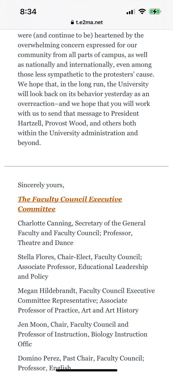 From leaders of @UTAustin’s Faculty Council on the pro-Palestine protest: “We are gravely alarmed by yesterday’s events on our campus–including President Hartzell’s decision to invite DPS officers, armed and in riot gear, onto the Forty Acres to disrupt a non-violent protest.”