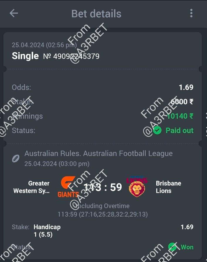 Aussie Rules - AFL 🏉 GWS Giants +5.5 ✅ 🔖 1.69 💵 10 Unit #GamblingTwitter #SportsBetting #TeamParieur #SportsBet #Betting #FreePicks #A3RBET #SportsBettor #AussieRules #AFL #AFL23 #AFLTwitter #Footy #GWS #BrisbaneLions #Brisbane #Lions Like + RT