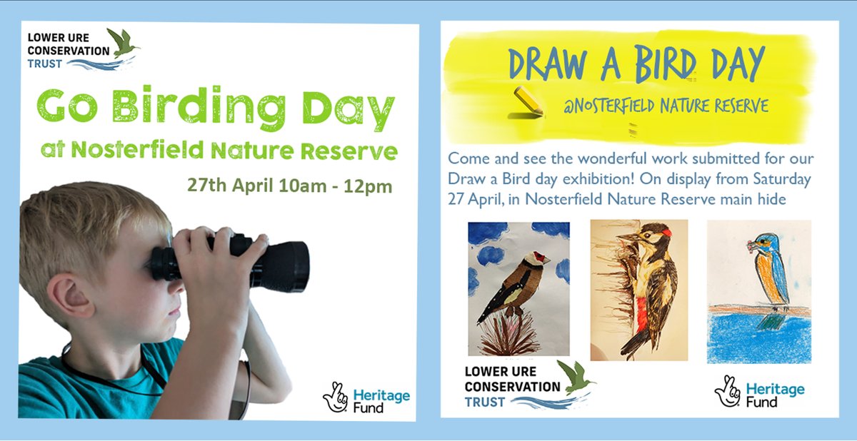 Go Birding Day Event: Saturday 27 April, 10am - 12pm Find out more about the birds you can see at @NosterfieldLNR, look through bird-spotting scopes and talk to friendly, helpful guides. Activity trail for young visitors and Draw a Bird Day artworks on display in the main hide