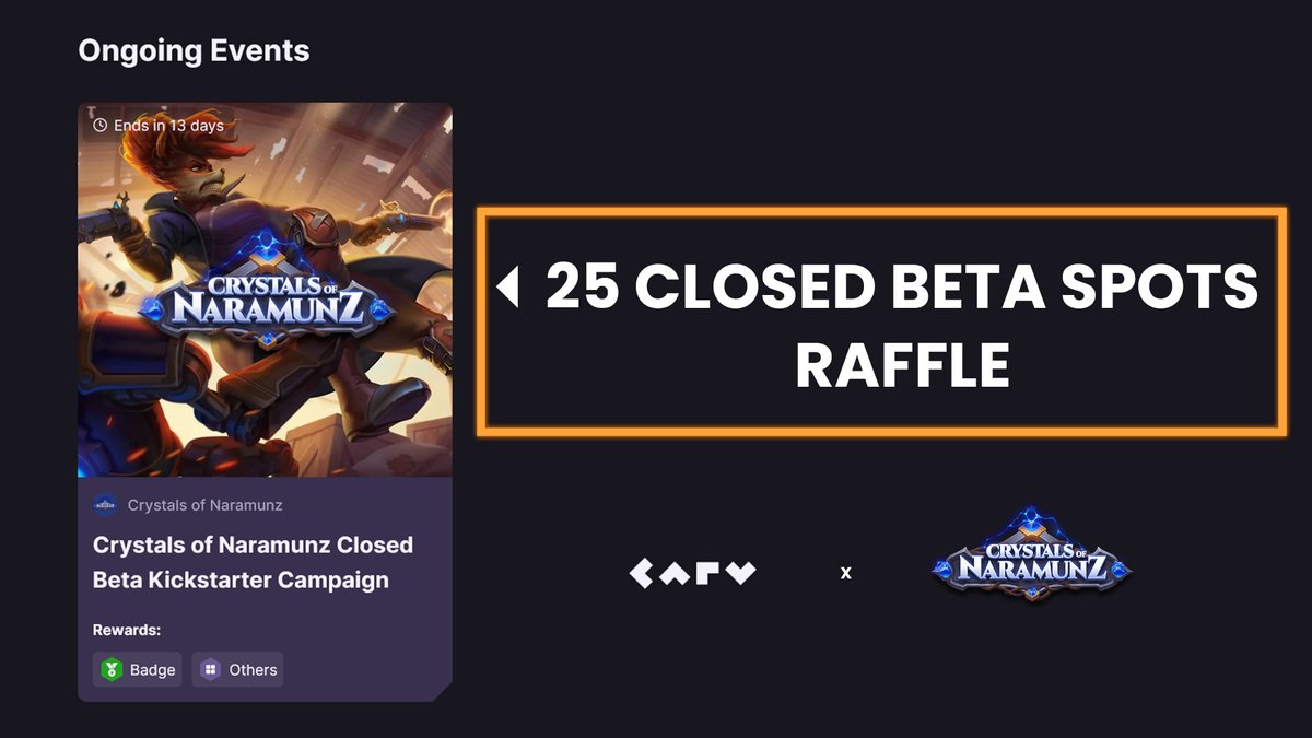 📢 Citizens of Naramunz! Our Closed Beta Kickstarter Campaign in collaboration with @carv_official is now LIVE! Jump in and tackle the tasks for a chance to secure a spot on the Closed Beta. Exclusive Closed Beta spots will be raffled out to 25 lucky winners 🌟