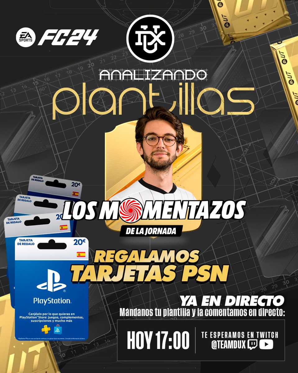 ANALIZANDO PLANTILLAS

¿Quieres ganar unas tarjetas de PSN y que analicen tu plantilla?

Solo tienes que:
➡️Seguir a <a href="/TeamDUXGaming/">DUX Gaming</a>.
➡️ Dar RT al tweet.
➡️ Compartir la plantilla en comentarios.

17:00🟣