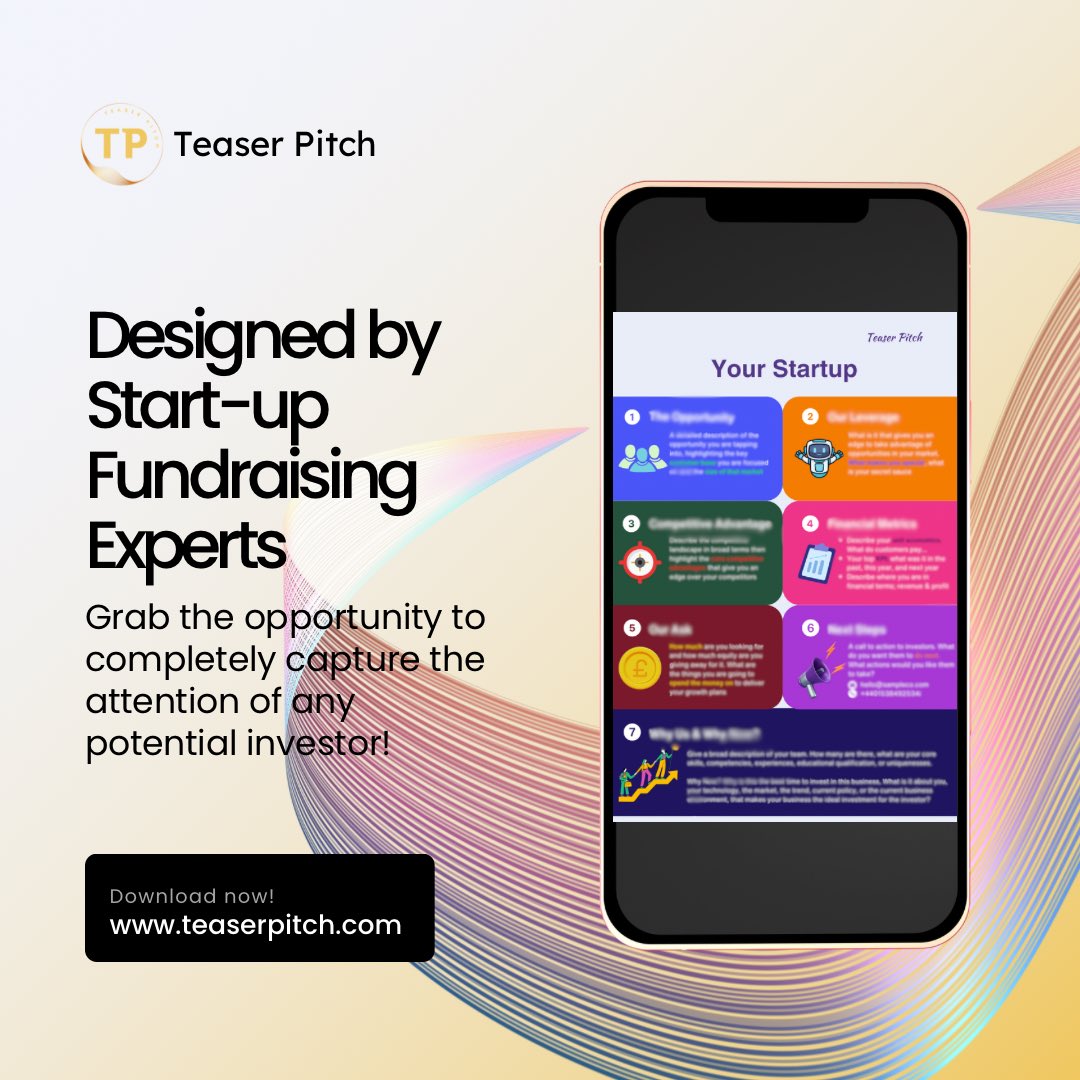 teaser_pitch's tweet photo. When prospecting for investors for your business, there are many things to consider, but only one place to start… a teaser pitch!

Wondering how to create one? Visit our website now to download a template and get the ball rolling!

#TeaserPitch https://t.co/o56fQFzWVi
