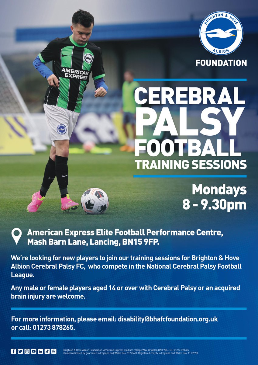 Brighton and Hove Albion Foundation run Cerebral Palsy Football sessions for 14-16 year olds as well as an open-aged (16+) session ⚽️💚 Brighton also compete in our National CP Football League (16+) and this is a great opportunity to join their team! 💙⚽️