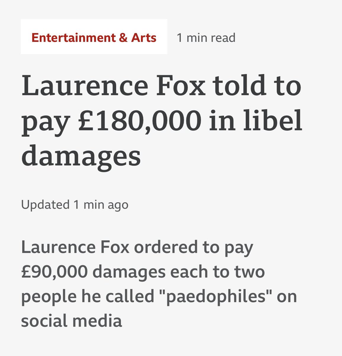 Oh dear, what a shame, never mind 😂😂😂😂 Laurence Fox ordered to pay £180,000 in damages after losing libel case He's so good at losing 😂😂