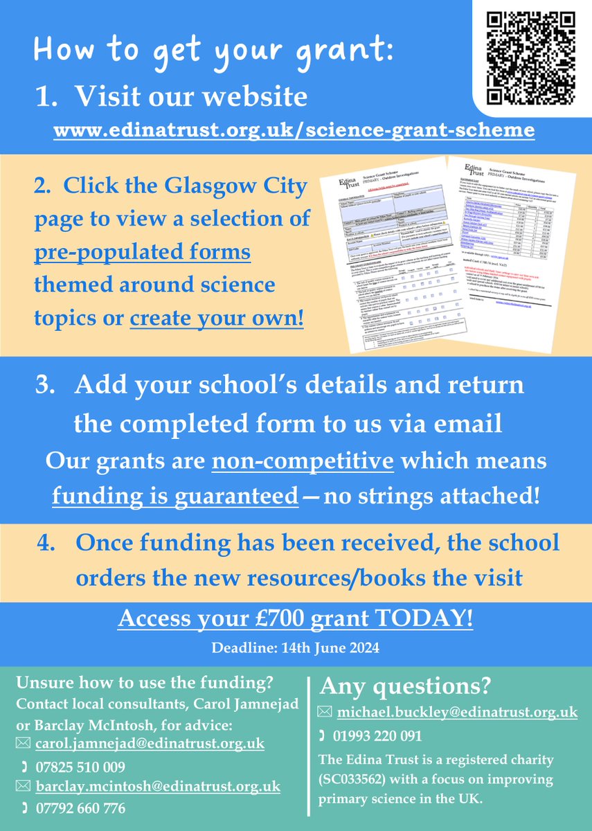🚨🚨Attention GCC Primary &amp; ASN Schools!🚨🚨

🧪🧪🧪Still almost 70 schools are yet to claim £700 guaranteed primary science funding!💰💰💰

Don't delay, visit edinatrust.org.uk/glasgow-forms to download a quick &amp; easy grant form TODAY!🚀

Funding cannot be carried over...🙀

<a href="/GlasgowCC/">Glasgow City Council</a>