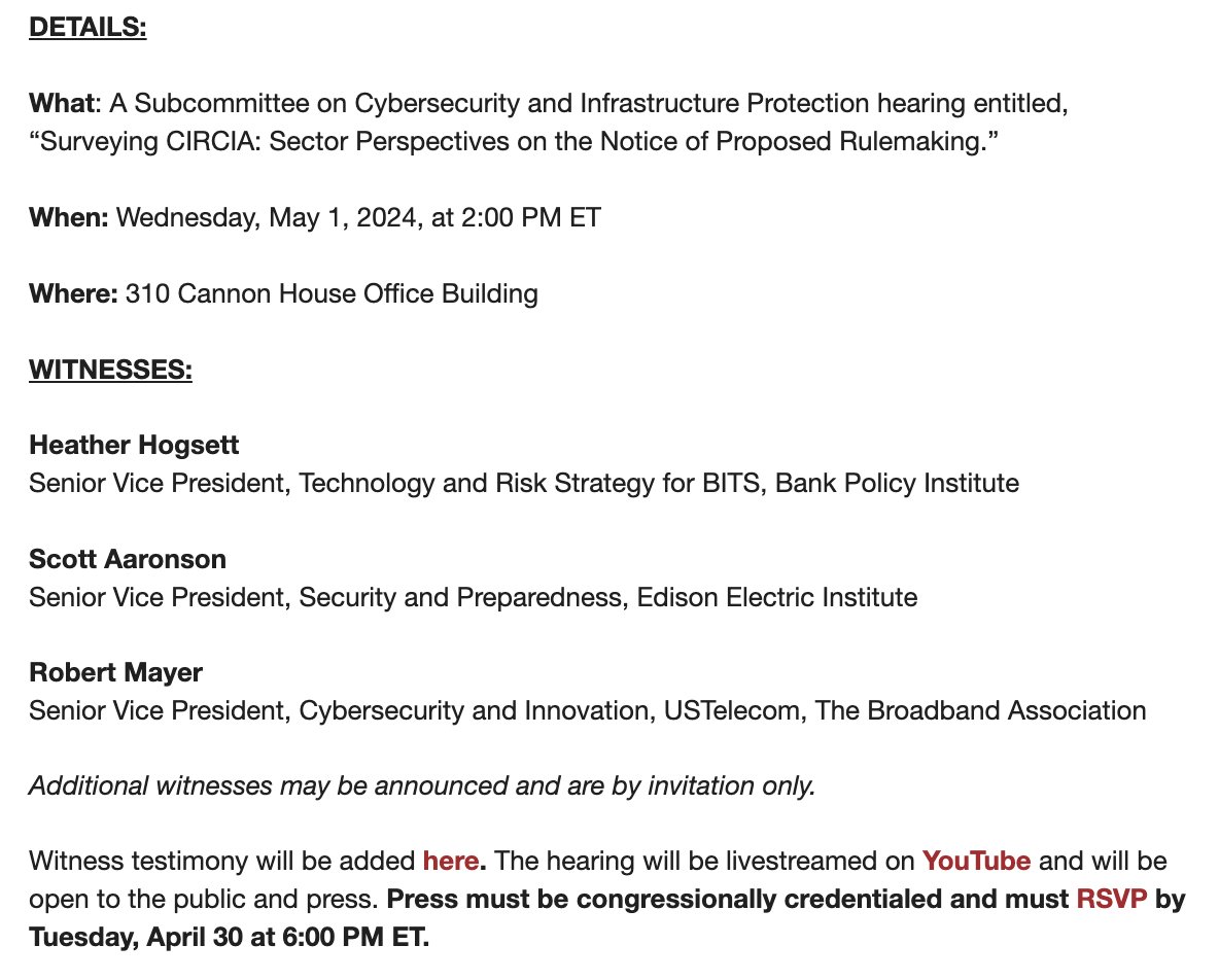 House Homeland Security's cyber subcommittee will hold a hearing next week on CISA's proposed cyber incident reporting regulation, with witnesses from the finance, energy, and telecom industries. homeland.house.gov/hearing/survey…