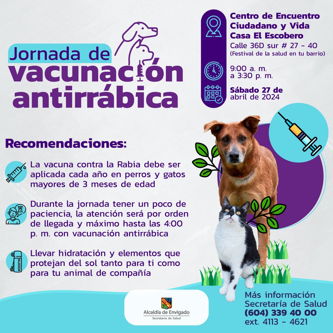 ¡Participa de la Jornada gratuita de vacunación antirrábica! 🐶😺

La vacuna contra la rabia debe ser aplicada cada año en perros y gatos mayores de 3 meses de edad.

Más información ⬇️
envigado.gov.co/secretaria-de-…

#EnvigadoVamosAdelante
#SaludEnvigado