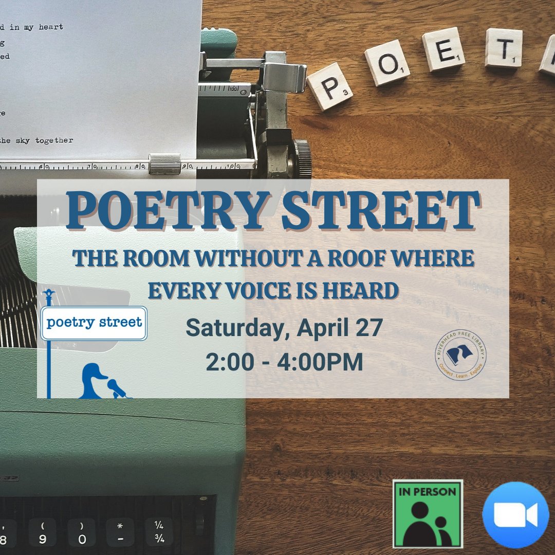 Community open mic for poetry and spoken word. Take the mic to share your poem, or a poem you love. Listeners are welcome too. Support your local poets this National Poetry Month! Register: riverhead.librarycalendar.com/event/poetry-s… #nationalpoetrymonth #poetrystreet #openmic #poems #spokenword