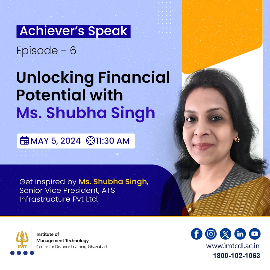 Unlock the secrets of financial success with Shubha Singh, IMT CDL Distinguished Alumni Award winner for Corporate Excellence in Finance. Join the conversation on May 5, 2024, at 11:30 AM. . . #AchieversSpeak #finances #IMTCDL #IMT #PGDM #distancelearning #MBA #onlineMBA #ODL