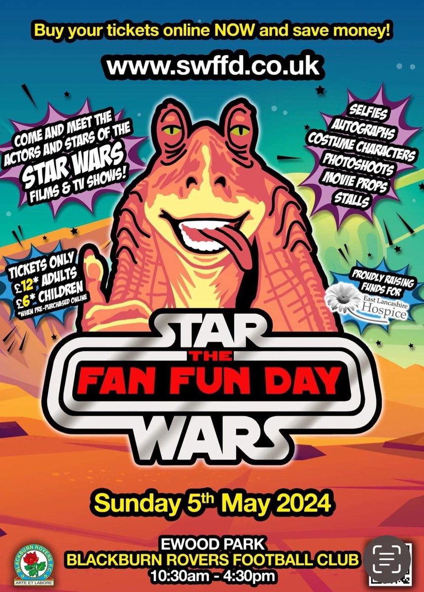 5th May at Ewood Park, Star wars Fan Fun Day! 

Meet actors, try your look at 'shoot a trooper', add to your memorabilia collection and much more 🙌

head to swffd.co.uk to find out more! 

#Starwars #Blackburn