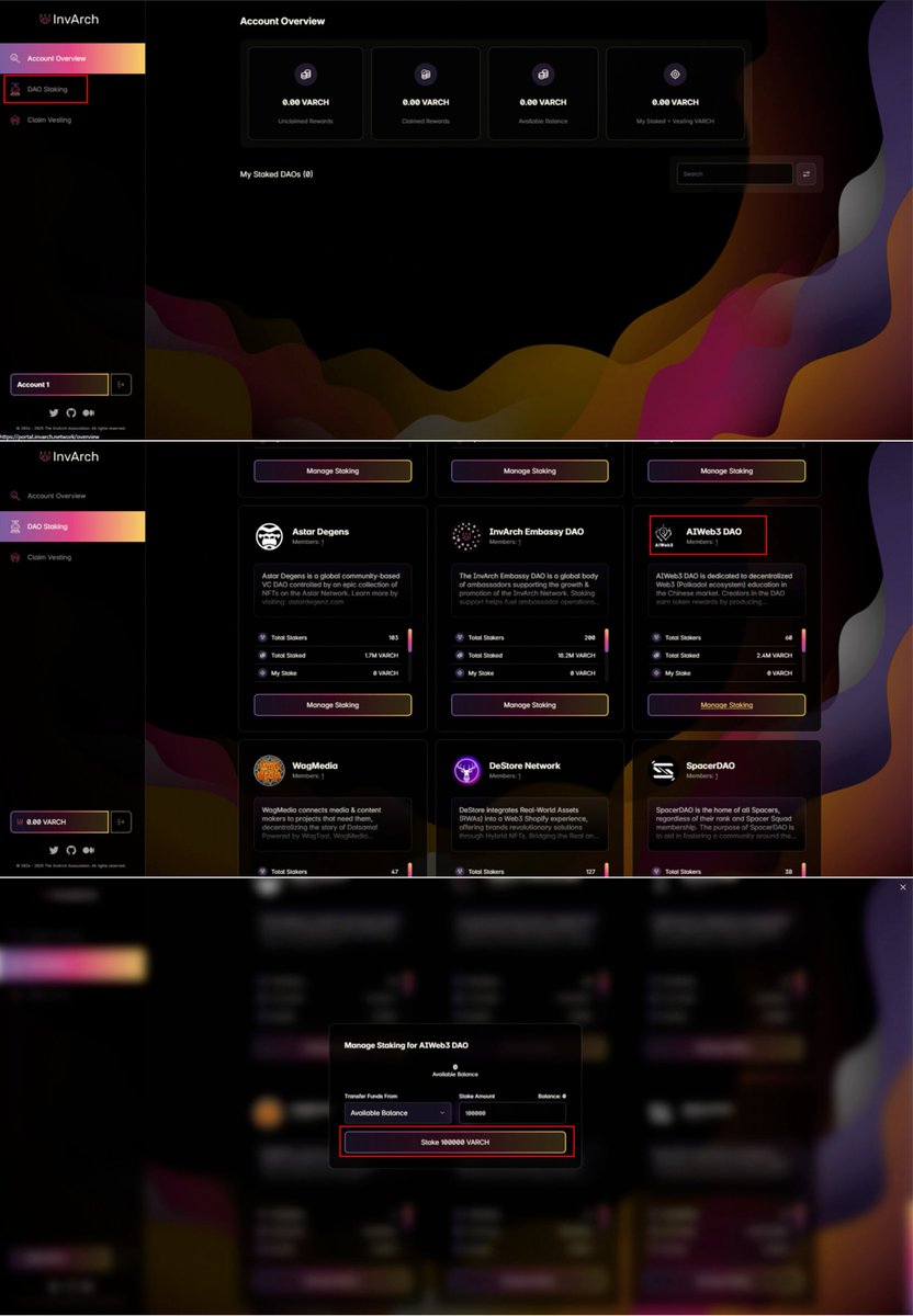 💫参与方式：

在 portal.invarch.network  上质押VARCH到 #AIWeb3DAO
加入  AIWeb3 Discord 社区绑定你的 Substrate 地址获得紫粉角色（在 AIWeb3 的 Discord 中 #bot-channel 频道输入： !添加地址 substrate 5xxxxxx, 将5xxxxxx 替换成您的 Substrate 地址，也是polkadot生态allow on any…