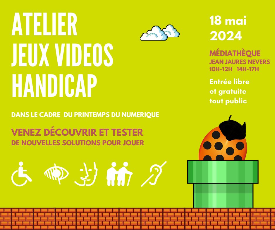 On se retrouve le 18 mai pour un atelier accessibilité et jeux vidéos à le médiathèque de #Nevers.
Au programme, présentation et essai de solutions d'accessibilité innovantes, 🎮matérielles🕹️ et logicielles, commerciales ou à fabriquer soi même🛠️
@villedenevers