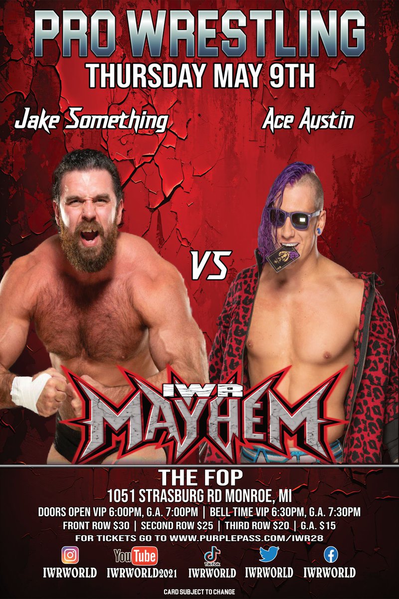 IWRWORLD's tweet photo. Banger after banger after banger! Don't miss TNA Wrestling Superstars Jake Something and Ace Austin in one on one action inside the IWR ring Thursday May 9th! Get tickets now at https://t.co/LLofJ6dLRu
#prowrestling #iwr #tna https://t.co/NgsYaF7mPT