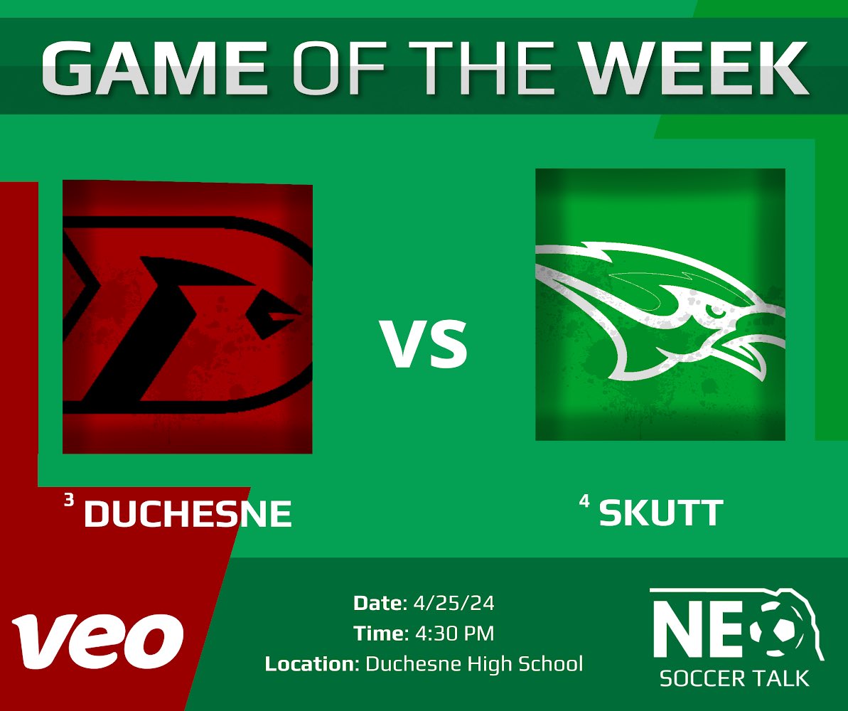 𝗚𝗮𝗺𝗲 𝗼𝗳 𝘁𝗵𝗲 𝗪𝗲𝗲𝗸 (Pt. 2) Rivals @DuchesneSports and @SkyHawkSoccer face off once again in the RCC finals 🗓️: April 25 ⏱️: 4:30 PM 🏟️: Duchesne HS