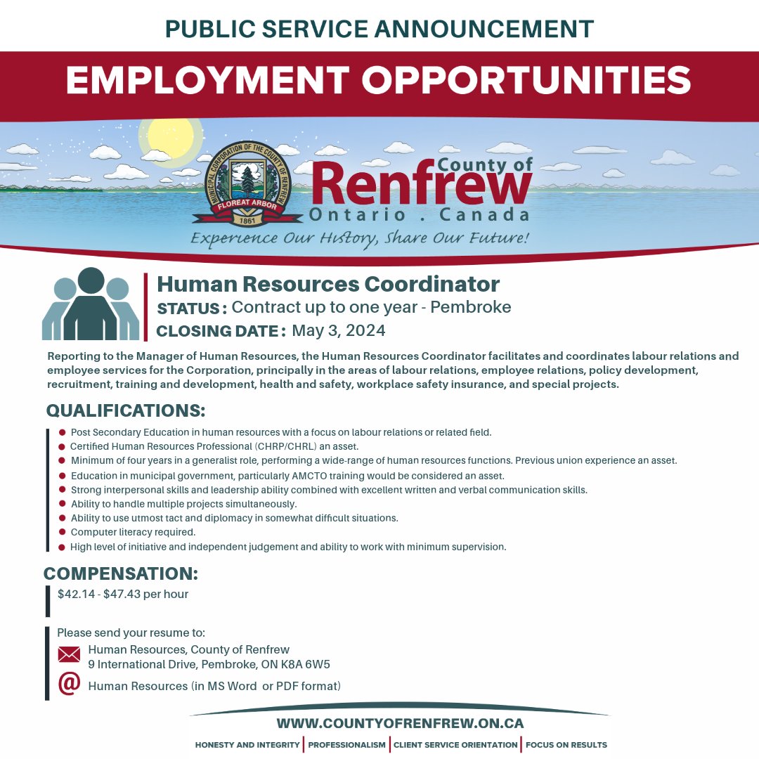 WE ARE HIRING!
We are recruiting a Human Resources Coordinator for a one-year contact to work in our Pembroke office. Apply by May 3, For more information or to apply, visit our #careers section at bit.ly/ContractHRCoor….

#JoinOurTeam
#RenfrewCountyJobs
#RenfrewCounty