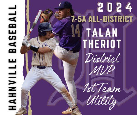 <a href="/TalanTheriot/">Talan Theriot</a> earns the District MVP and 1st Team Utility for the Tigers! The senior batted .550 in District and was 2-0 on the mound!