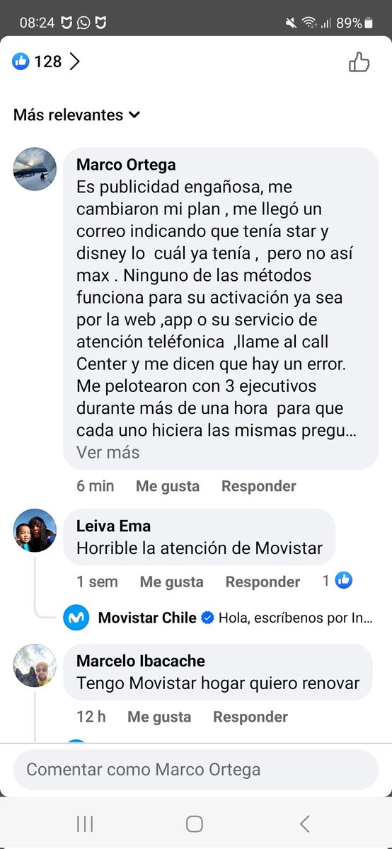 Marcortegave's tweet photo. @AyudaMovistarCL Así opera movistar , te ofrece un cambio de plan , no da lo ofrecido y cuando uno expone la atención tanto como el servicio ofrecido borran tu comentario. Lo más terrible  es que tienen 0 intención de solucionar el problema . @SERNAC https://t.co/9FCxdMv1vv
