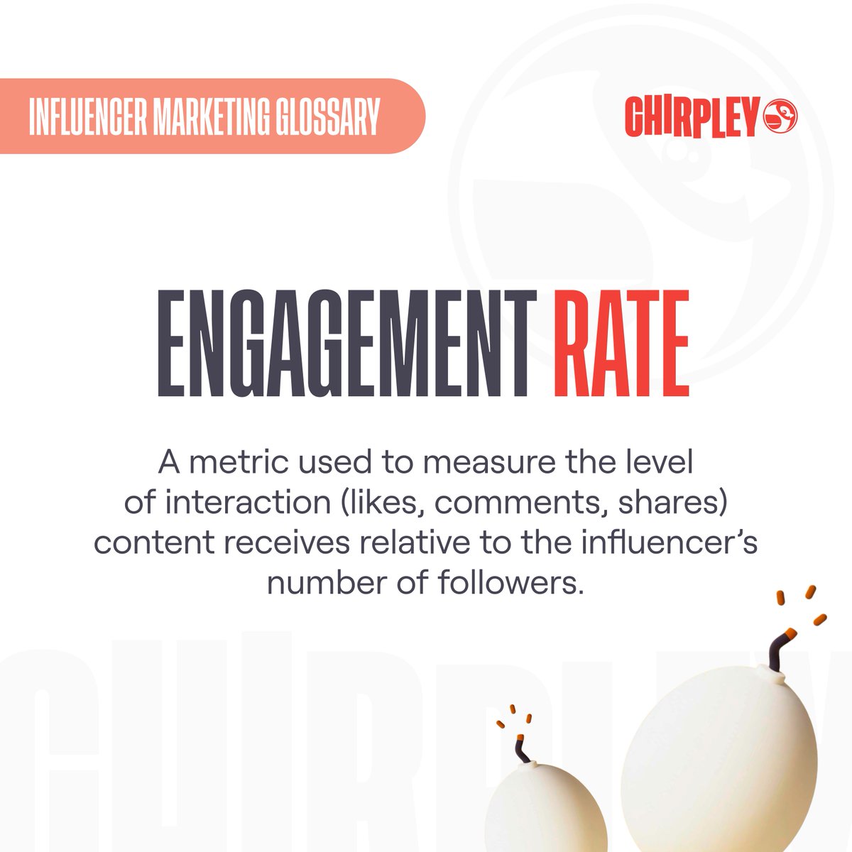 📚Influencer Marketing Glossary Going back to basics, today, we’re highlighting a metric much more important than the commonly acknowledged number of followers. And, just in case, Chirpley grants you access to the ER of our base of influencers. Dive deeper into its meaning👇