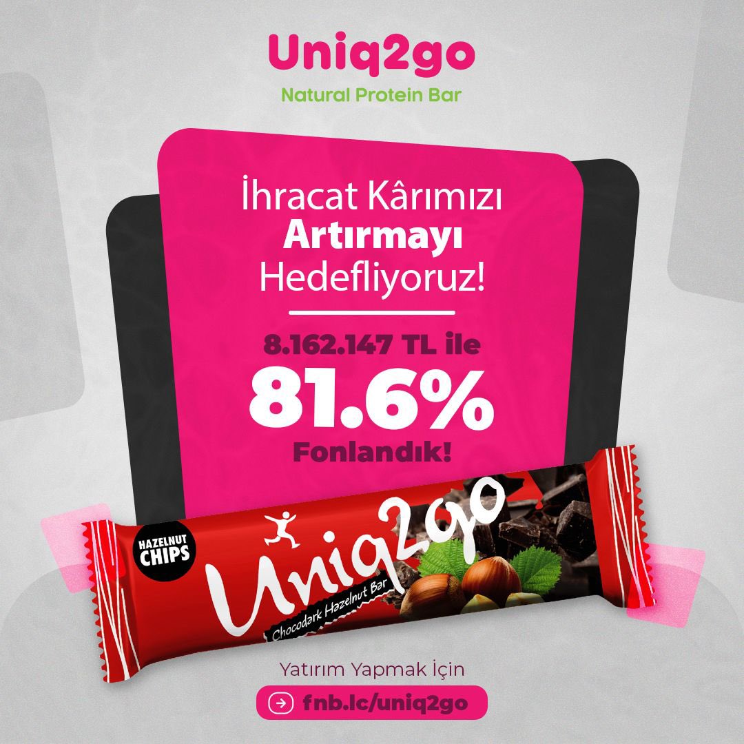 Alacağımız yatırımla birlikte geliştirmelerimizi tamamlayarak ihracat kârımızı artırmayı hedefliyoruz. Aldığımız 8.162.147 TL ile %81.6 fonlama oranına ulaştık. Tüm yatırımcılarımıza teşekkür ediyoruz. 
Yatırımcımız olmak için: fnb.lc/uniq2go
<a href="/fonbulucu/">fonbulucu</a>