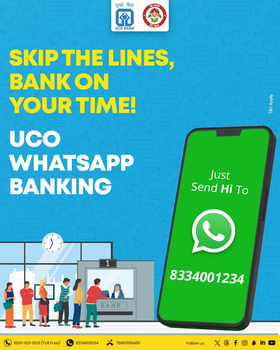 Say goodbye to waiting in line – #Bank effortlessly with our WhatsApp Banking service! 💬💼 Manage your #Finances anytime, anywhere. #BankOnTheGo #81YearsOfTrust #UCOTURNS81 #UCOBank Honours Your Trust #EasyBanking