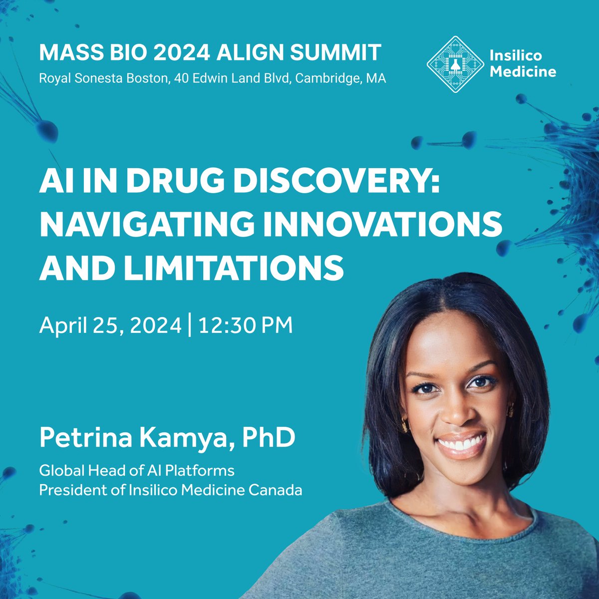 Are you at the sold out @MassBio Align Summit? Connect with Petrina Kamya, Ph.D. Global Head of AI Platforms at Insilico who is speaking at 12:30pm ET today on 'AI in Drug Discovery' w/ panelists from @EliLillyandCo, @DanaherCorp, @Microsoft, and @Ginkgo. massbio.org/events/listing…