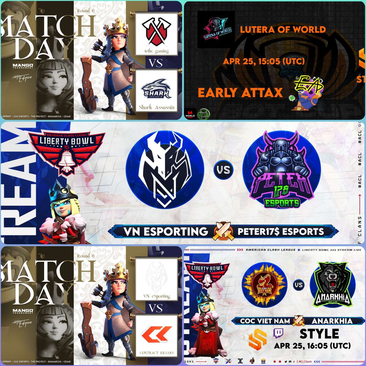 🟣 LIVEEEEEEE!

Cinco guerrazas el Día de hoy y varias sin druidas! 💪

🏆 Mango | BOT | LB

✅ Tribe Gaming 🆚 Shark Assassin
✅ Early Attax 🆚 LuteraOfWorld
✅ Anarkhia 🆚 COC Vietnam 
✅ VN Esporting 🆚 Contract Killers
✅ VN Esporting 🆚 Peter17$ Esports

TODO el MUNDO para