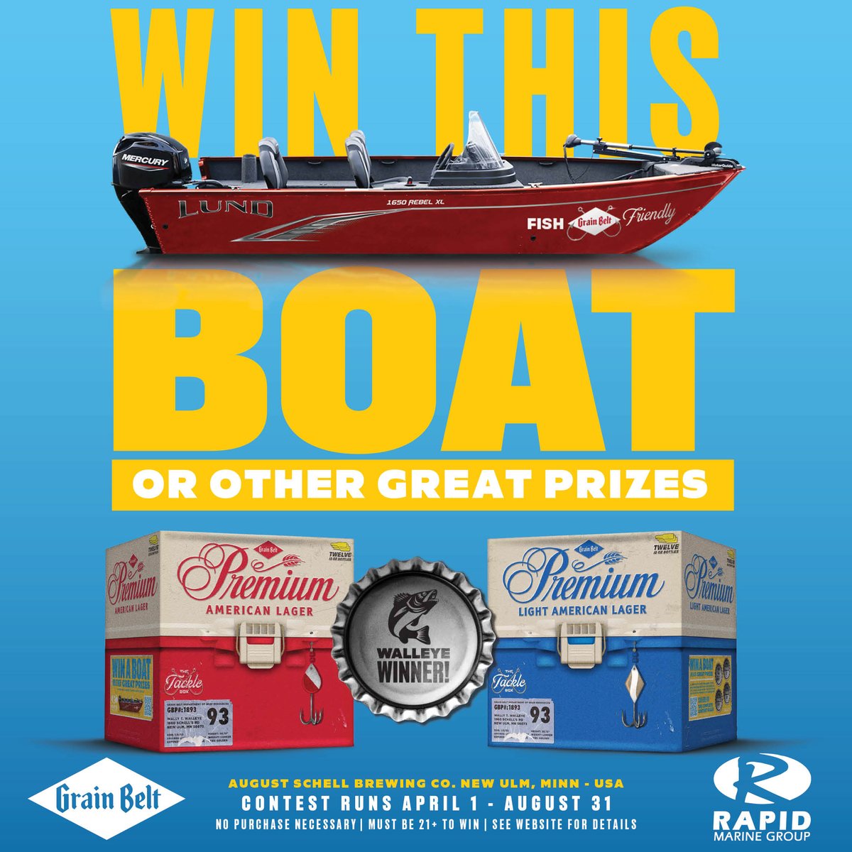 Here's your chance to reel in the big one! Step aboard by snagging Premium and Premium Light limited-edition fishing beer bottles. Don't miss your chance to win awesome prizes, including a new boat from Grain Belt and Rapid Marine!