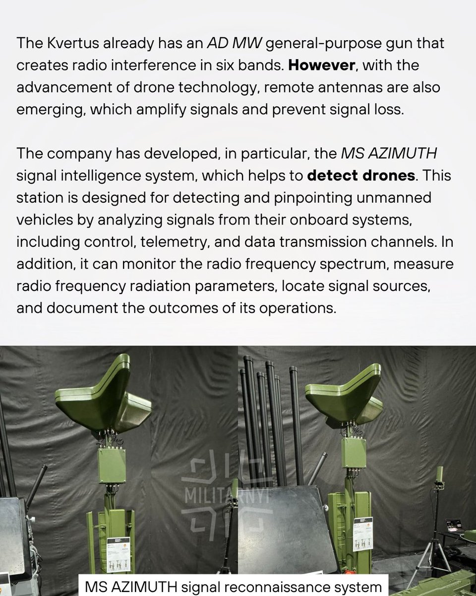 militarnyi's tweet image. 📡 Militarnyi will tell you what relevant solutions in this area were presented by Ukrainian companies.

👉🏻 Scroll the slides and read our special article to know more: mil.in.ua/en/articles/pe…

#Ukraine #EW #SIGINT #Military #Industry #Combat #Drones

Subscribe us!
