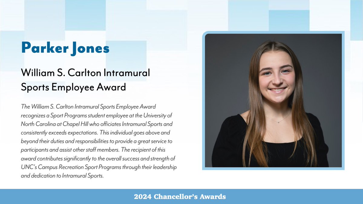 🎉 Congratulations to UNC Hussman student Parker Jones who received the William S. Carlton Intramural Sports Employee Award, a Chancellor's Award that recognizes a Sport Programs student employee at UNC who officiates intramural sports and consistently exceeds expectations.