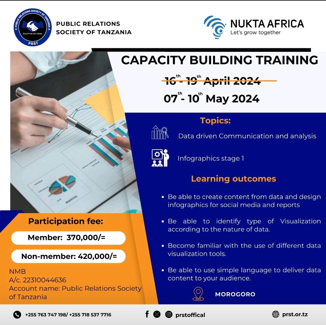 Book your seat and let's meet in Morogoro. 

#Comms #PR #CorporateComms #StrategicComms #Trainings #NuktaAfrica #PRST #Projects2024