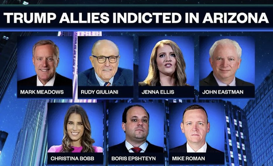 🟥🟥🟥 BREAKING NBC News confirms the names of the Trump allies charged in the Arizona FAKE ELECTORS scheme whose name are redacted in the indictment: • Mark Meadows • Rudy Giuliani • Boris Epshteyn • Mike Roman • Jenna Ellis • Christina Bobb • John Eastman — Kyle Griffin