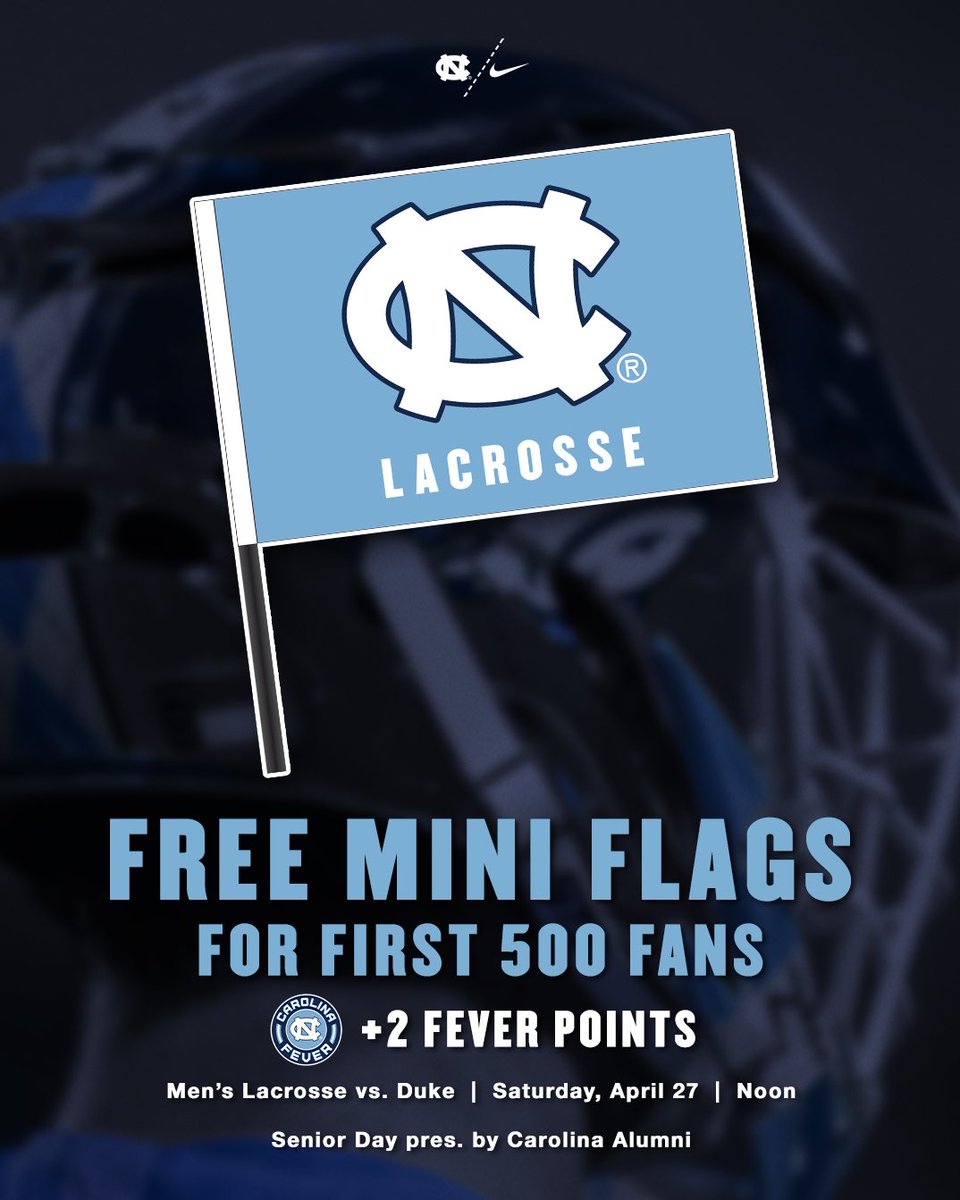 🚨 GIVEAWAY 🚨

The first 500 fans this Saturday will receive a FREE Carolina Lacrosse flag, and all UNC students earn 2 @carolinafever points! 

#FamilyAcademicsLacrosse