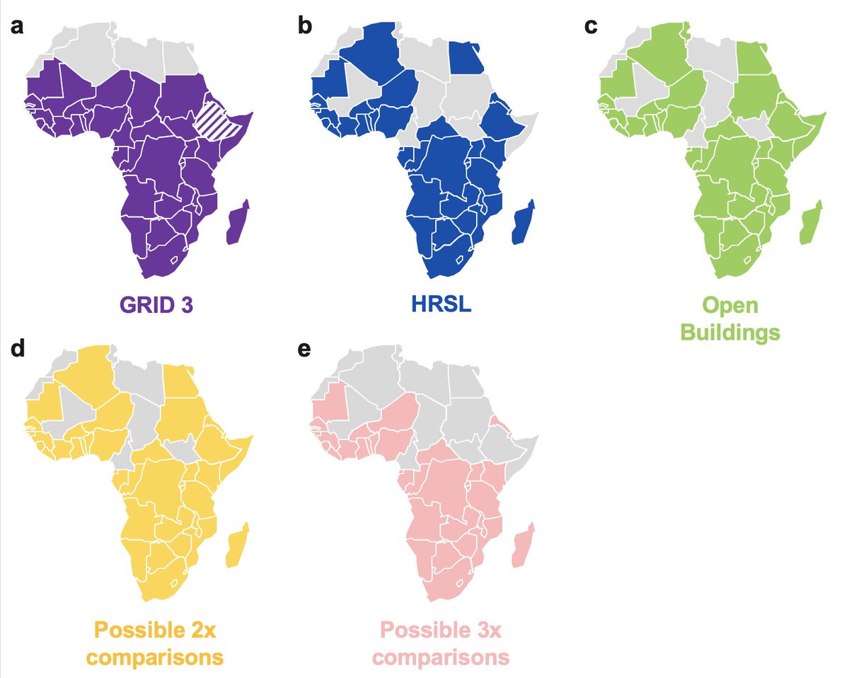 Our study focuses on 3 popular datasets

1) Meta's high resolution settlement map (v2)
2) Google's Open buildings (v3)
3) GRID3's settlement extents (v2)

We download them and compare them for 42 countries in Africa

3/
